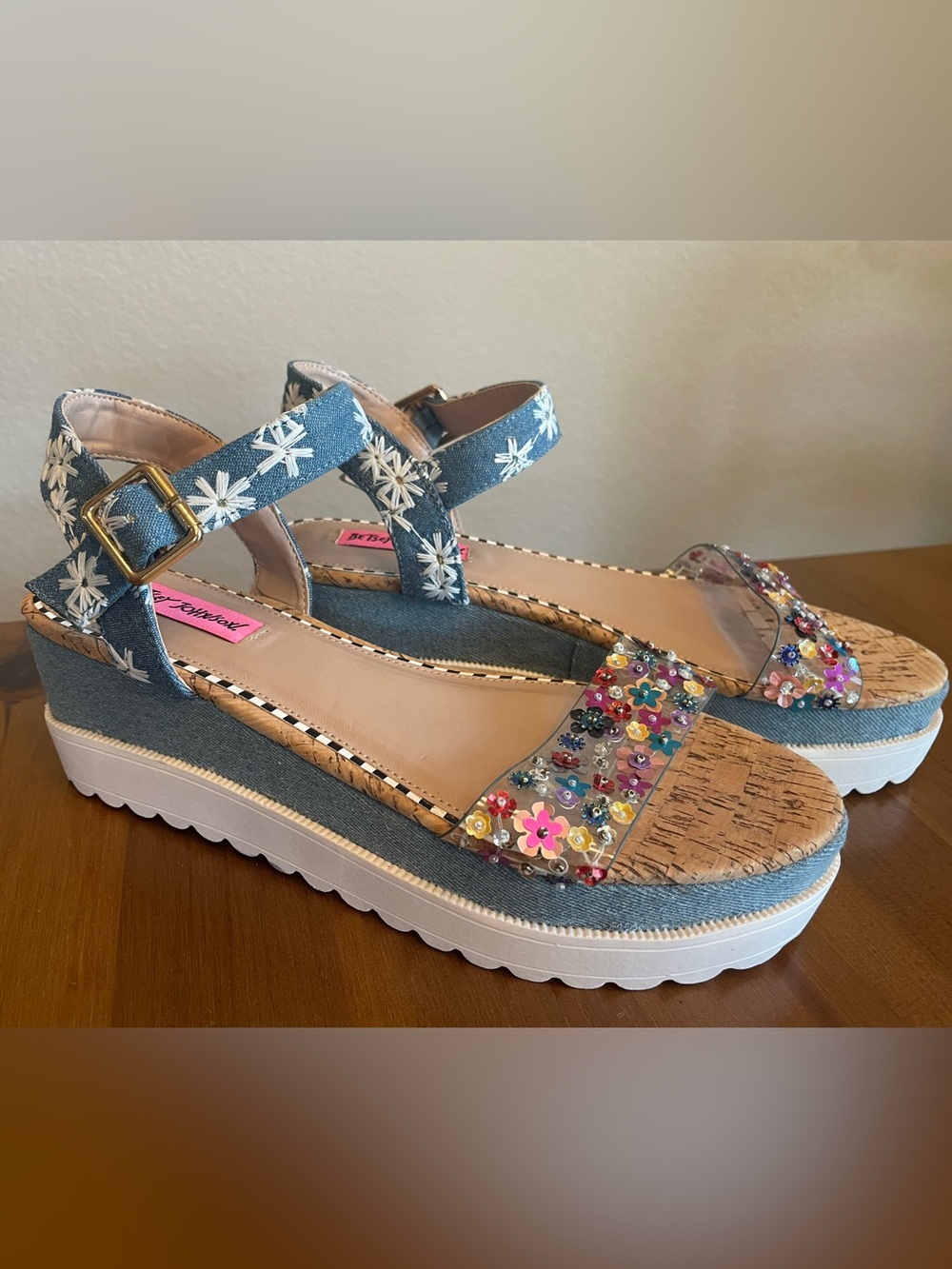 Betsey Johnson Denim Ankle Strap Sandals with Multicolor Floral Appliqués